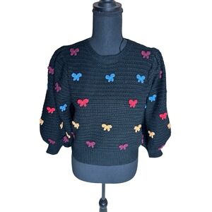 Women's Sz M Zara Puff Sleeve Chunky Knotbbow Sweater Black Multi Color Bows